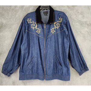 Mureli Jacket Womens 1X Blue Chambray Studded Full Zip Long Sleeve Vintage Top